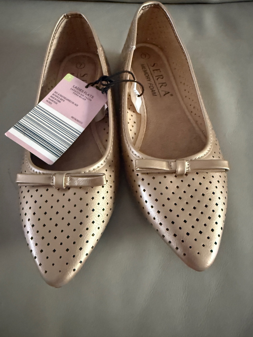Serra Metallic Rose Gold Pointed-Toe Perforated Flats with Bow